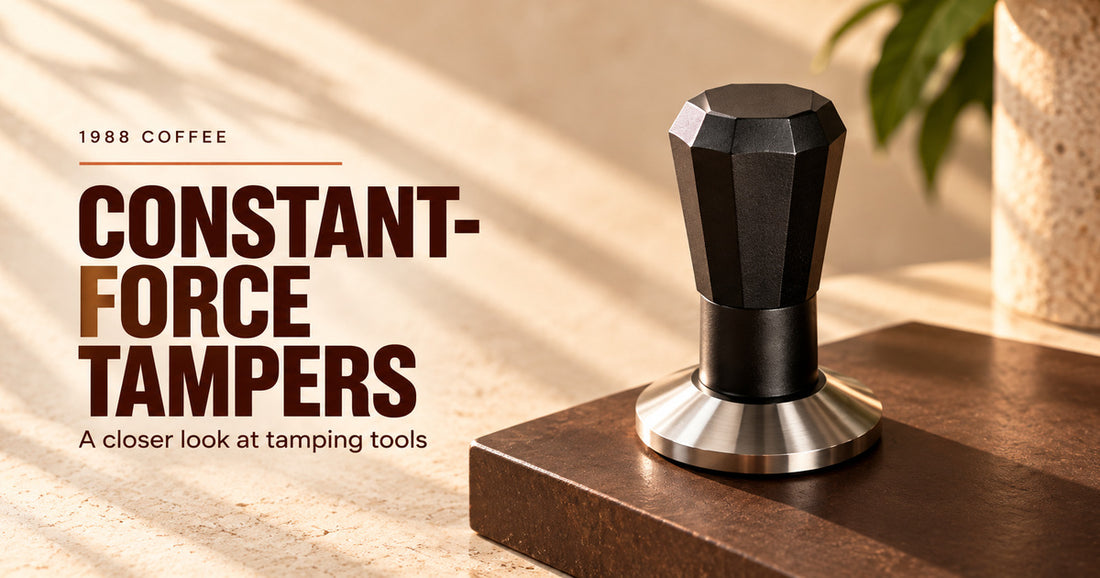 Editorial illustration of a black faceted espresso tamper with a metal base standing on a dark brown plinth.
