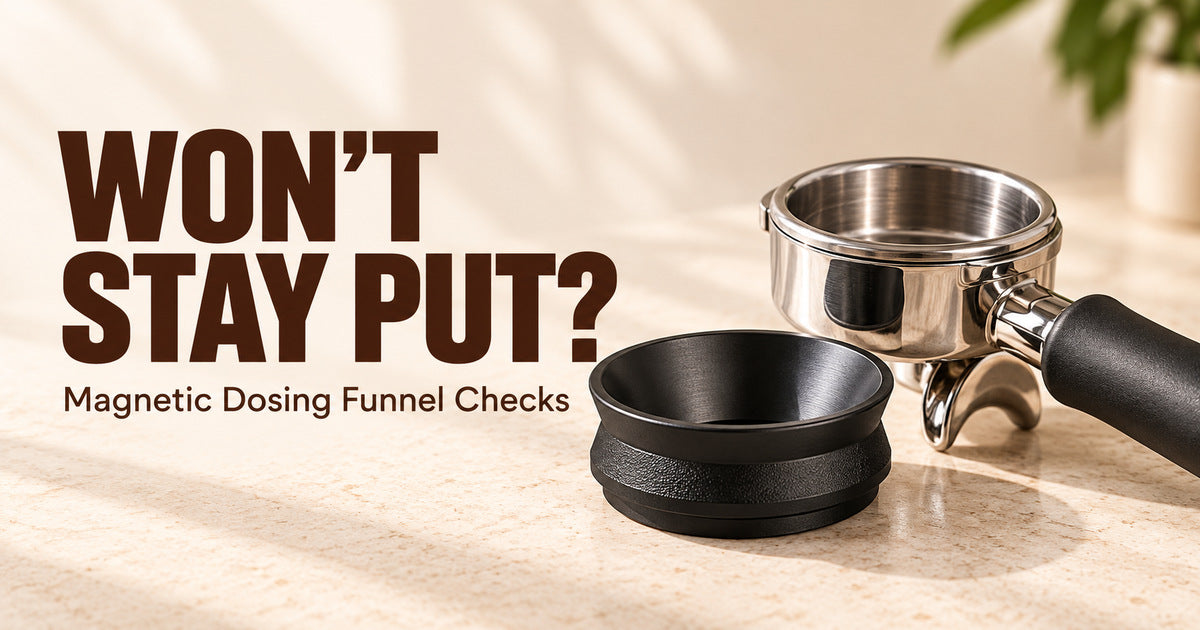 Editorial illustration of a black dosing funnel resting separately beside an empty metal portafilter, with the headline Won’t Stay Put?