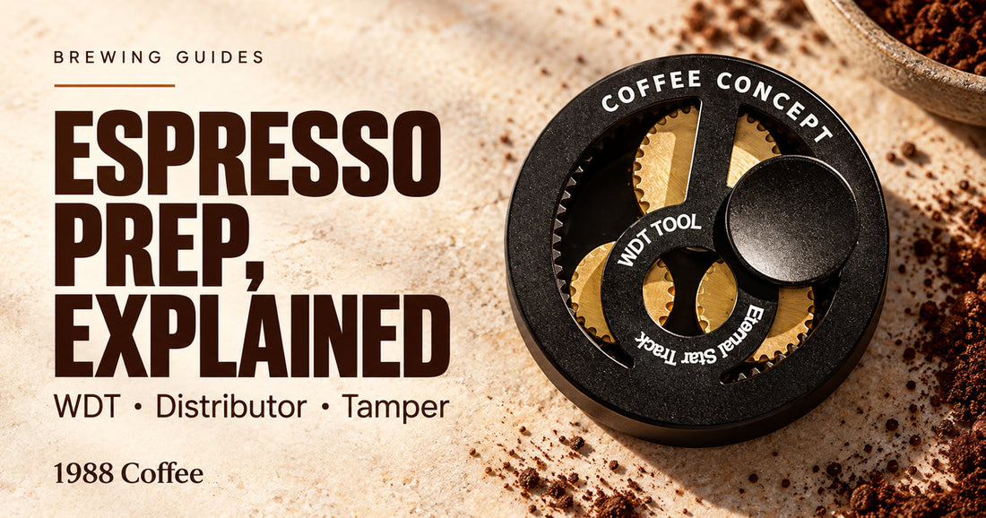 Illustrated rotary WDT tool on a warm stone surface for the WDT, distributor and tamper guide