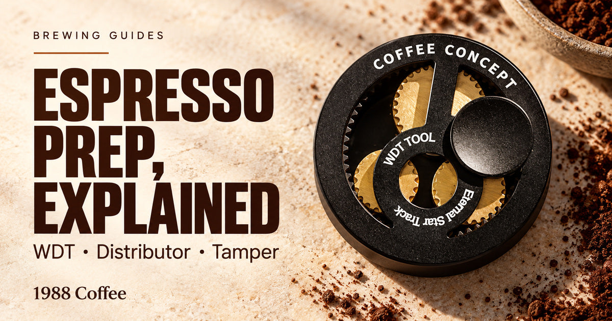 Illustrated rotary WDT tool on a warm stone surface for the WDT, distributor and tamper guide