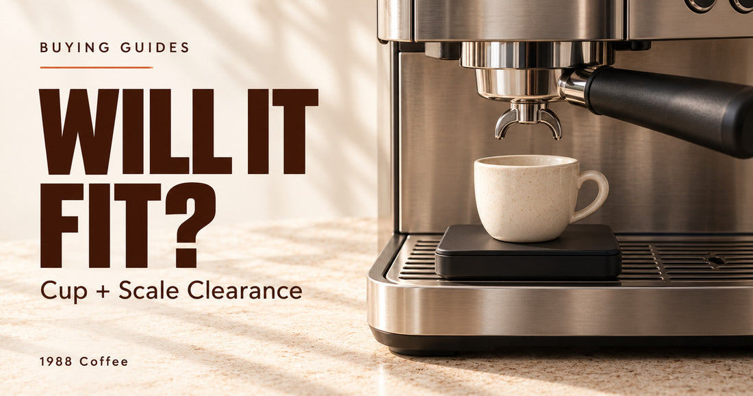 Illustration of an empty espresso cup on a compact scale beneath a portafilter, showing the clearance above the cup.