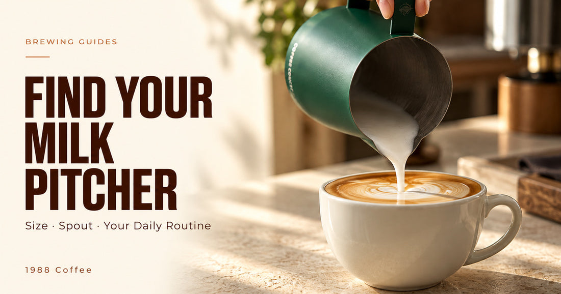 Illustrated green milk pitcher pouring steamed milk into a ceramic coffee cup