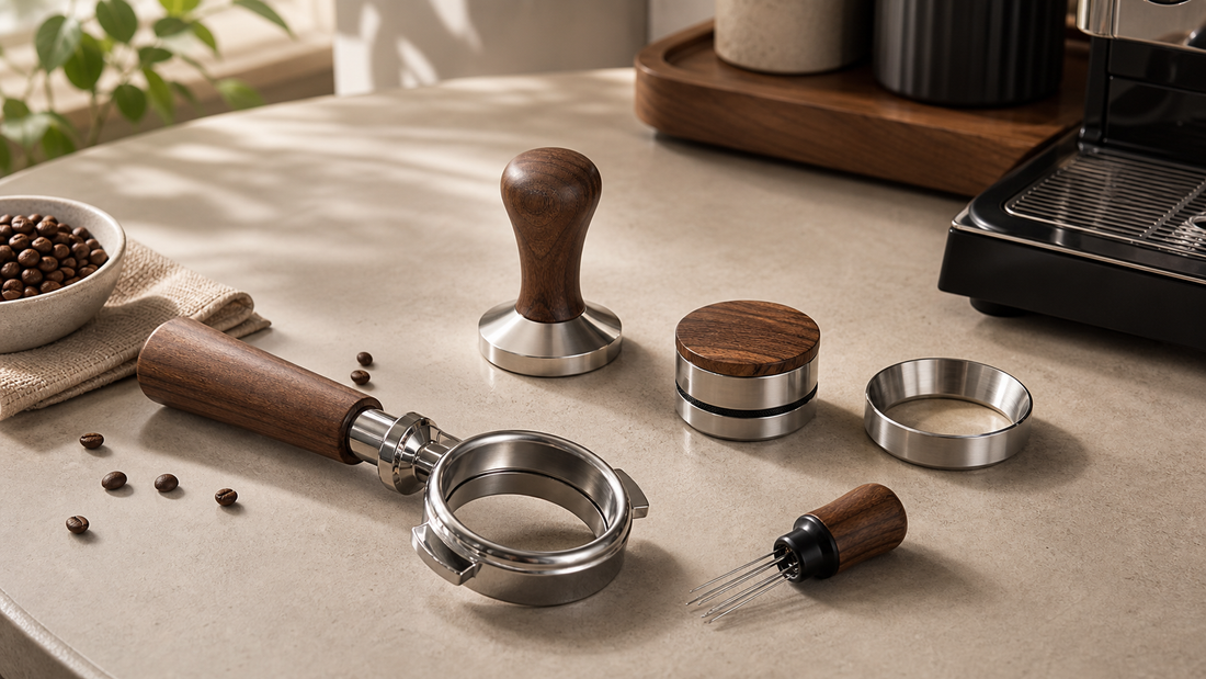 58mm espresso accessories flat lay with tamper WDT distributor and dosing ring