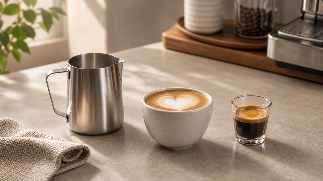 Beginner latte art starter kit with milk pitcher cup and espresso tools