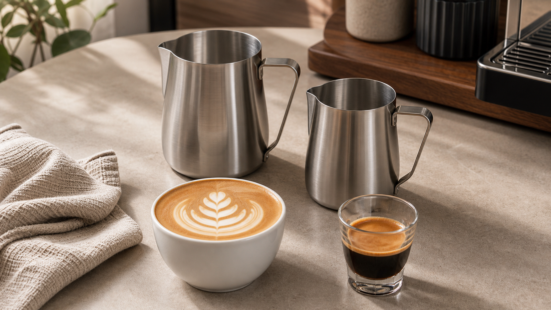 Latte art tools guide with milk pitcher wide cup and home barista setup
