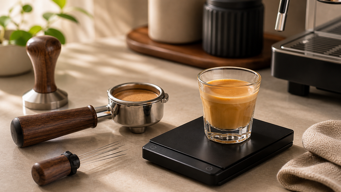 Sour espresso troubleshooting with portafilter extraction and puck prep tools