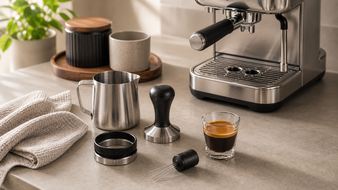 Breville Bambino accessories with 54mm tamper WDT tool pitcher and shot glass