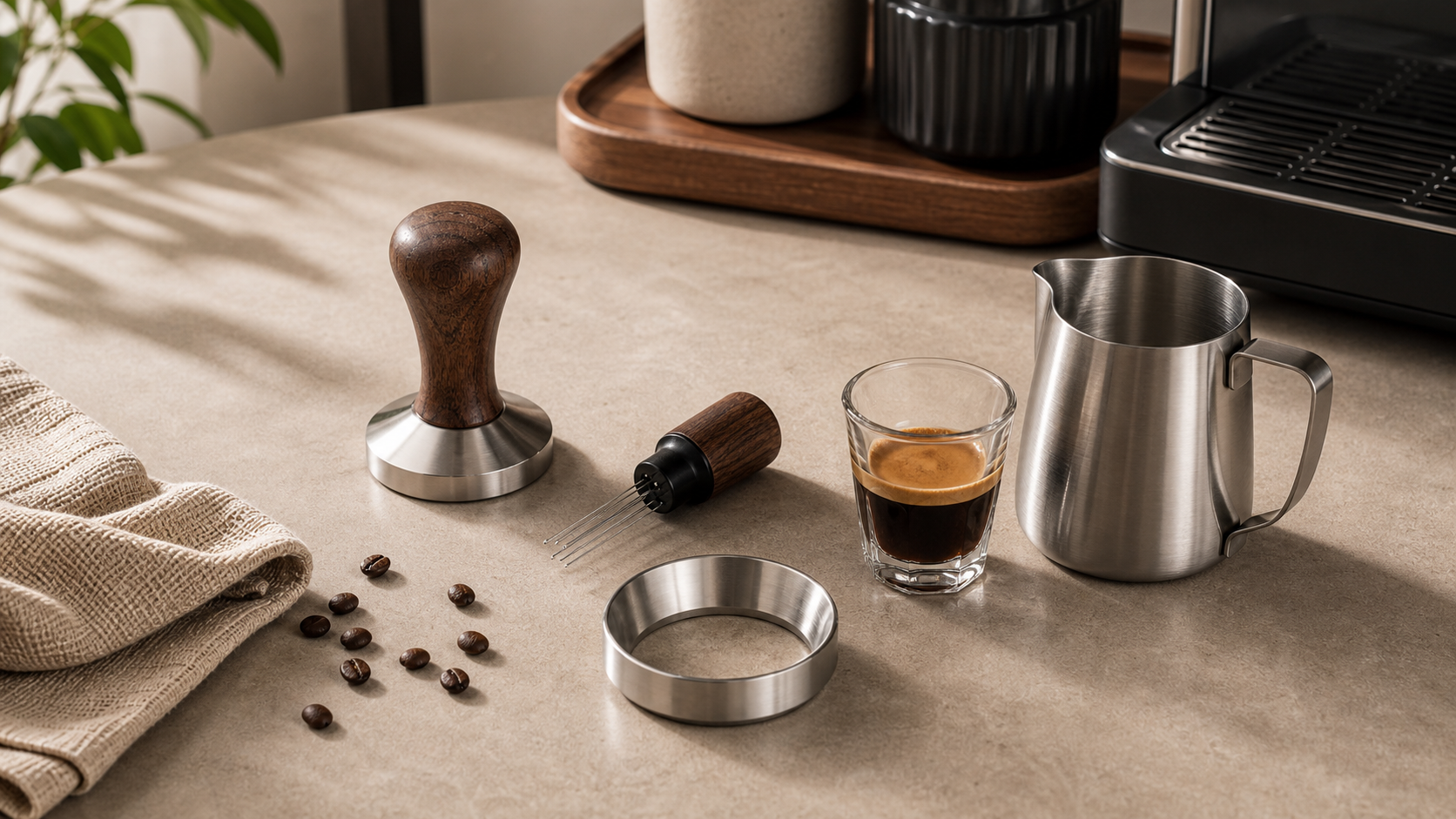 Budget espresso tool kit under 50 dollars with tamper WDT pitcher and canister