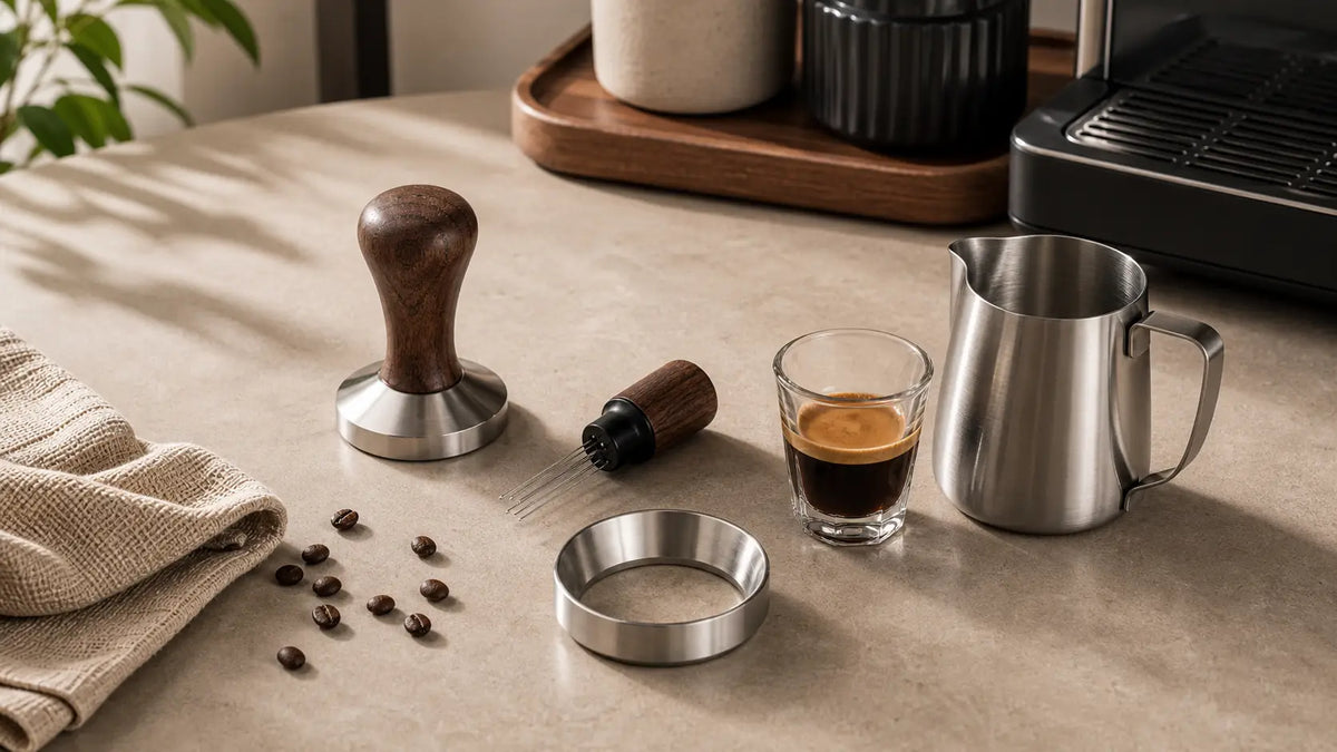 Budget espresso tool kit under 50 dollars with tamper WDT pitcher and canister