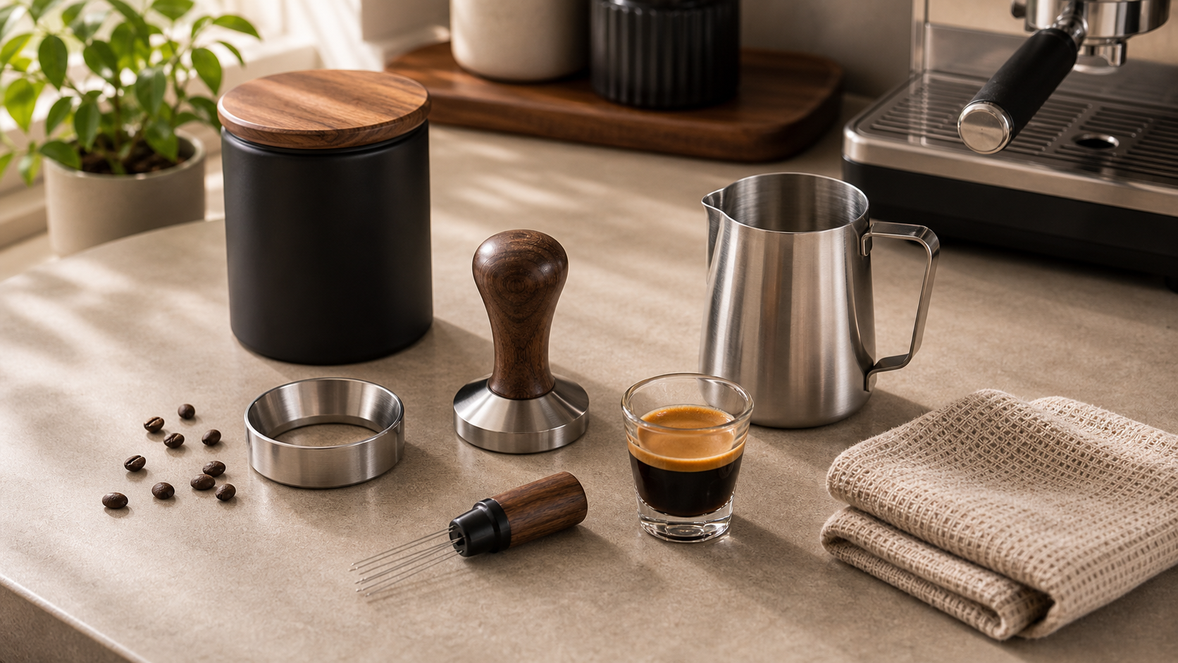 Home barista starter kit with tamper WDT milk pitcher coffee canister and espresso tools