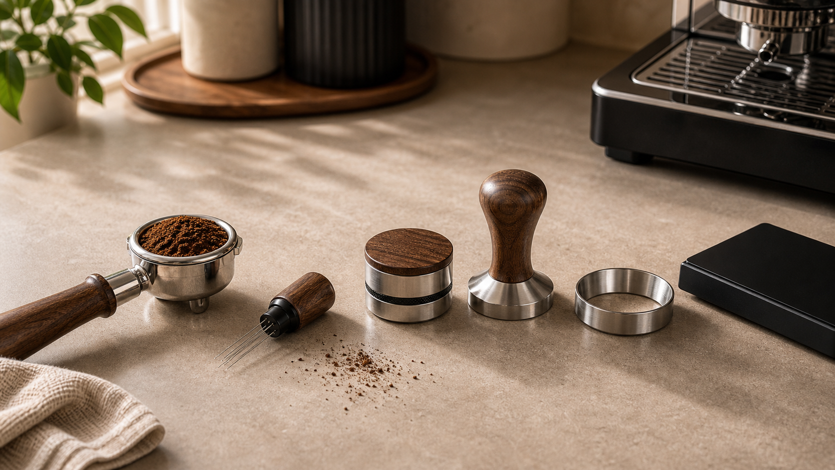 Espresso puck prep workflow with dosing WDT distribution and tamping tools