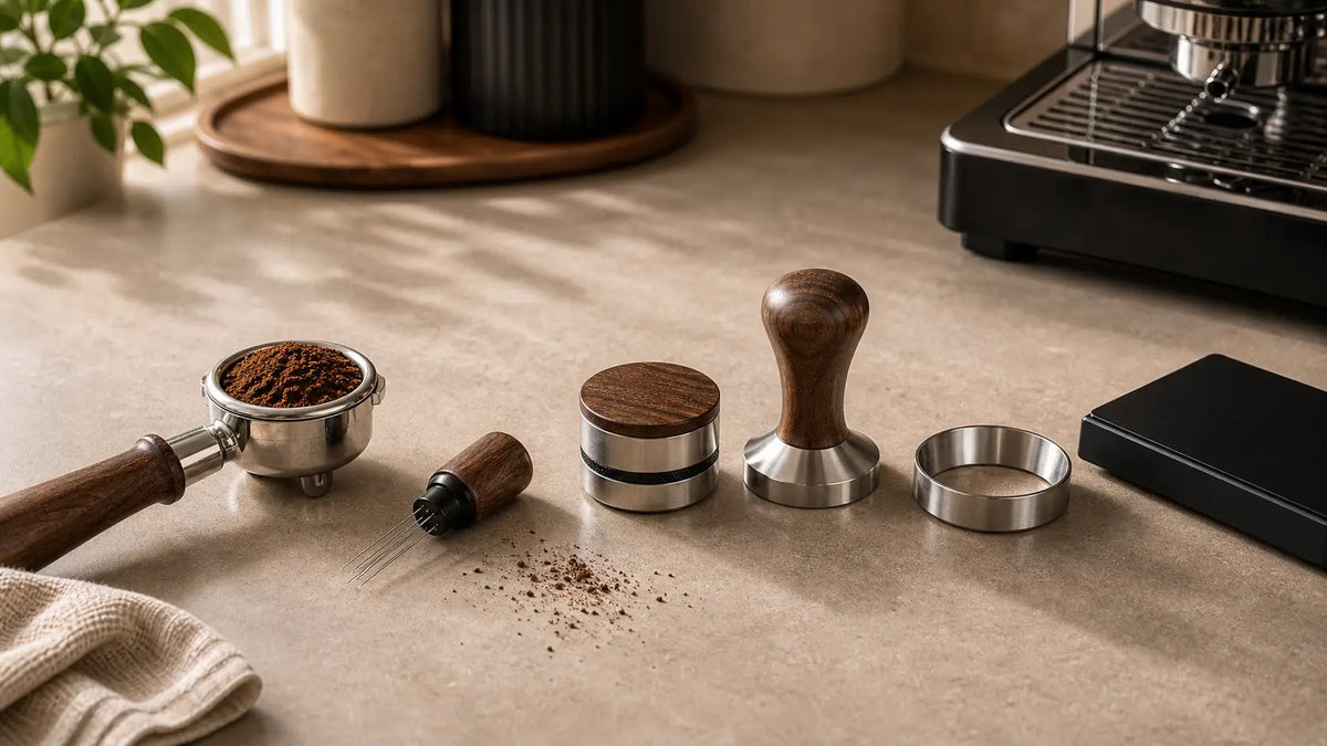 Espresso puck prep workflow with dosing WDT distribution and tamping tools