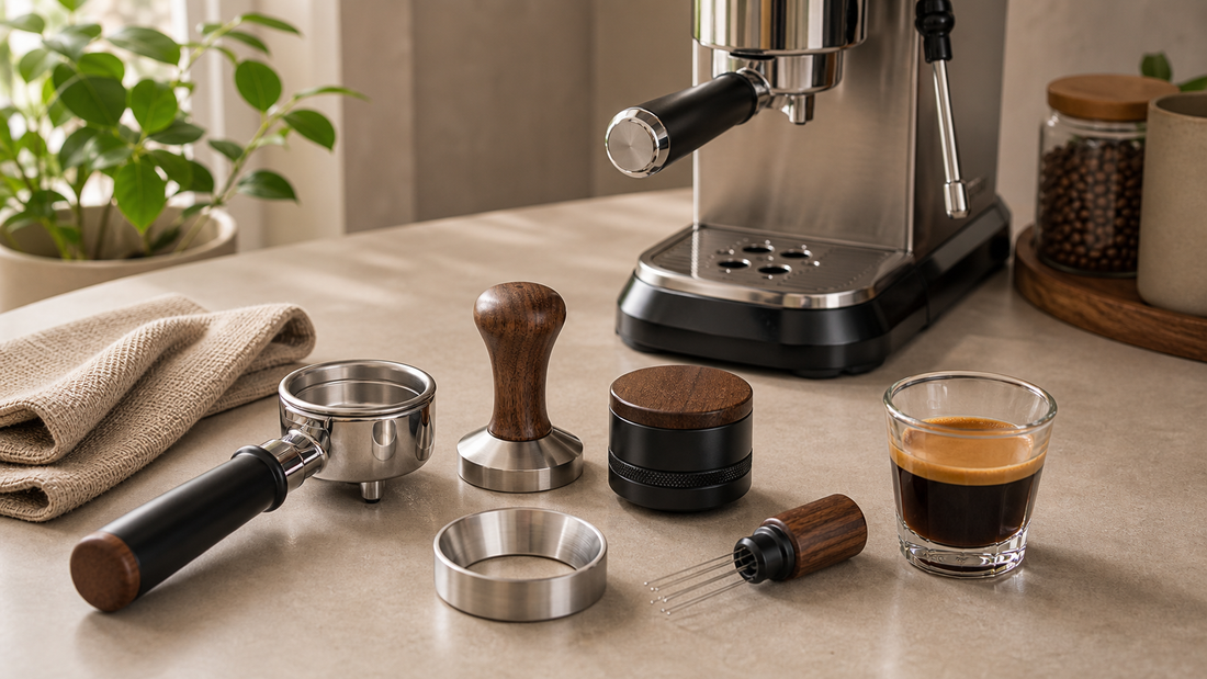 DeLonghi Dedica upgrade accessories with 51mm tamper WDT distributor and puck prep tools