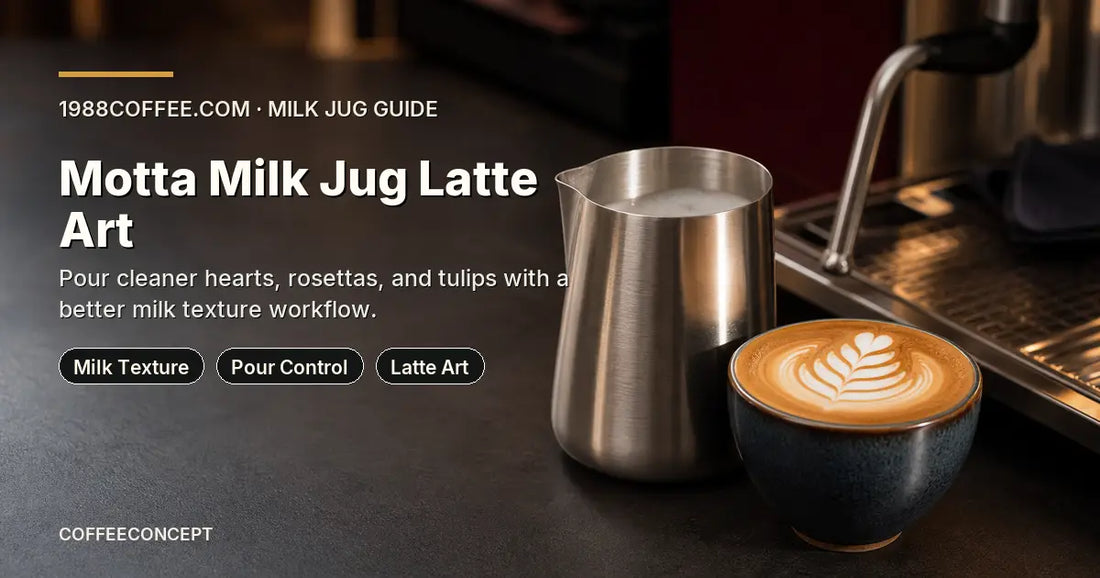 Motta milk jug latte art guide with stainless pitcher and cappuccino