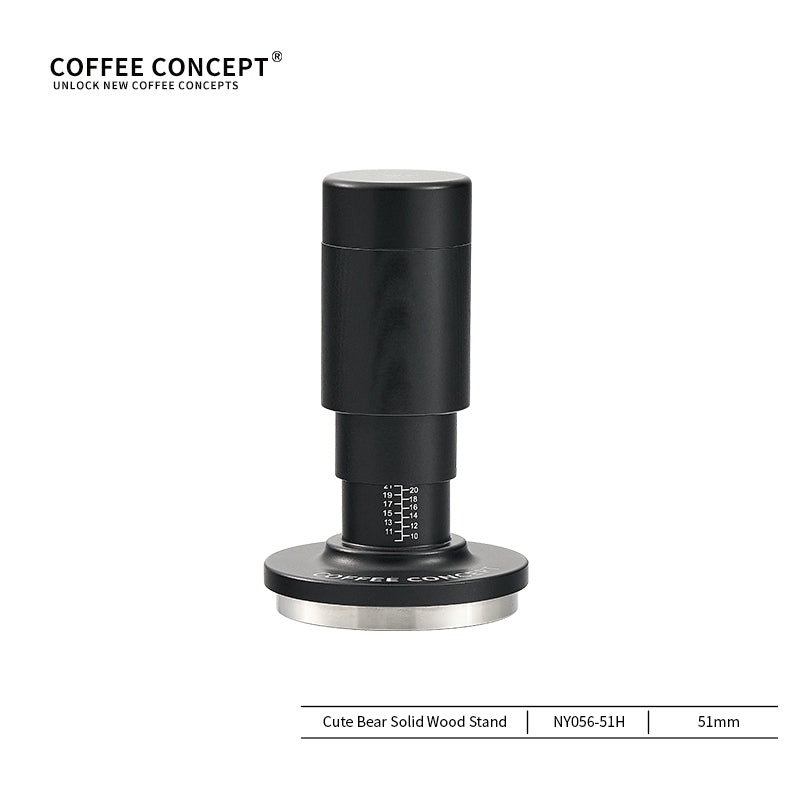 Constant pressure espresso tamper side view with walnut base