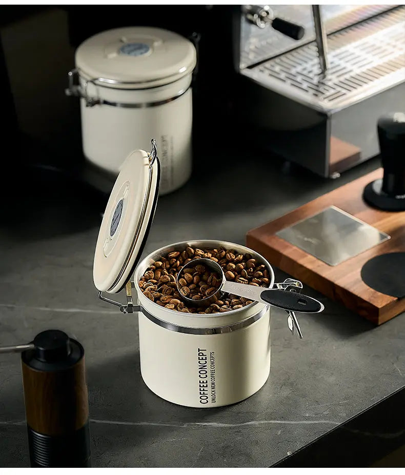 COFFEECONCEPT Airtight Coffee Canister - 1.2L/1.5L Vacuum Seal One-Way Valve for Fresh Beans coffee in use | COFFEECONCEPT