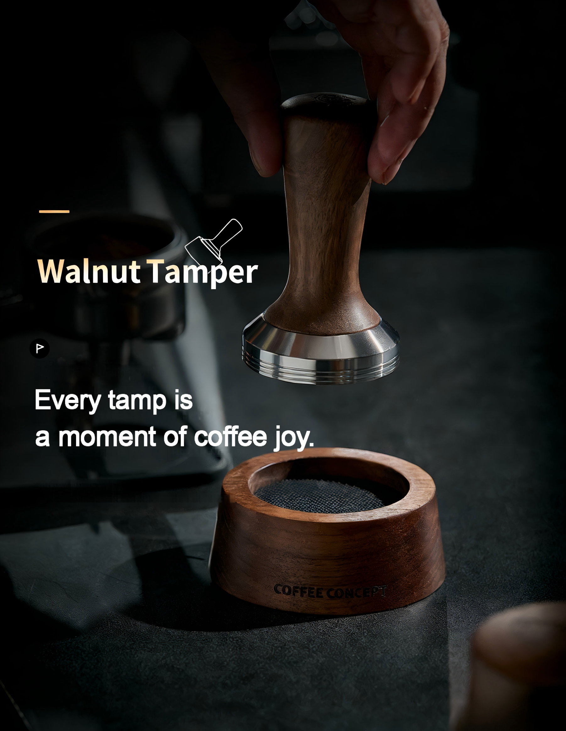 Solid Walnut Espresso Tamper Set - 58mm Solid Wood Handle + Stand - COFFEECONCEPT