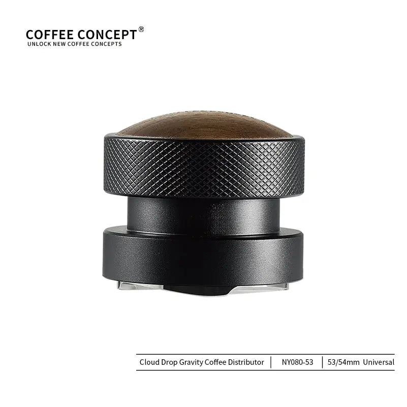 Gravity Espresso Distributor Cloud Drop with walnut head and stainless steel base for even coffee grounds distribution
