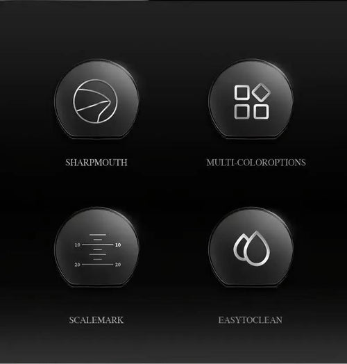 Espresso measuring cup feature overview with spout, volume scale, and finish icons