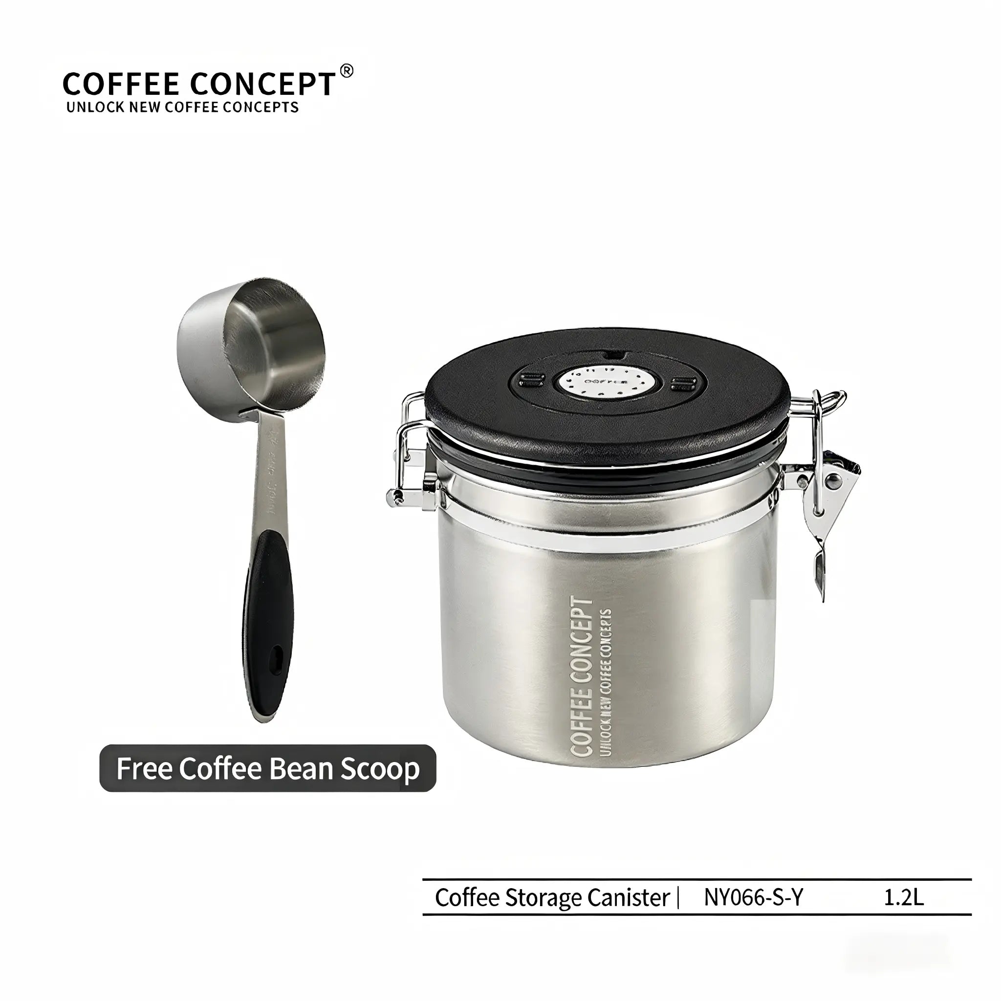 COFFEECONCEPT Airtight Coffee Canister - 1.2L/1.5L Vacuum Seal One-Way Valve for Fresh BeansDD