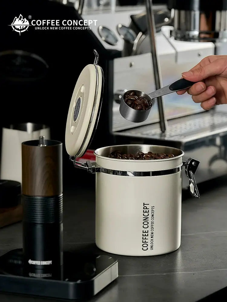 COFFEECONCEPT Airtight Coffee Canister - 1.2L/1.5L Vacuum Seal One-Way Valve for Fresh Beans coffee in use | COFFEECONCEPT