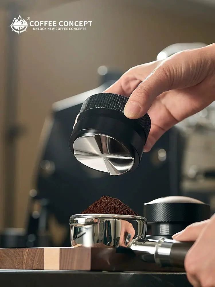 Gravity Espresso Distributor with walnut head and stainless steel base for even coffee puck leveling in 51/53/58mm portafilters